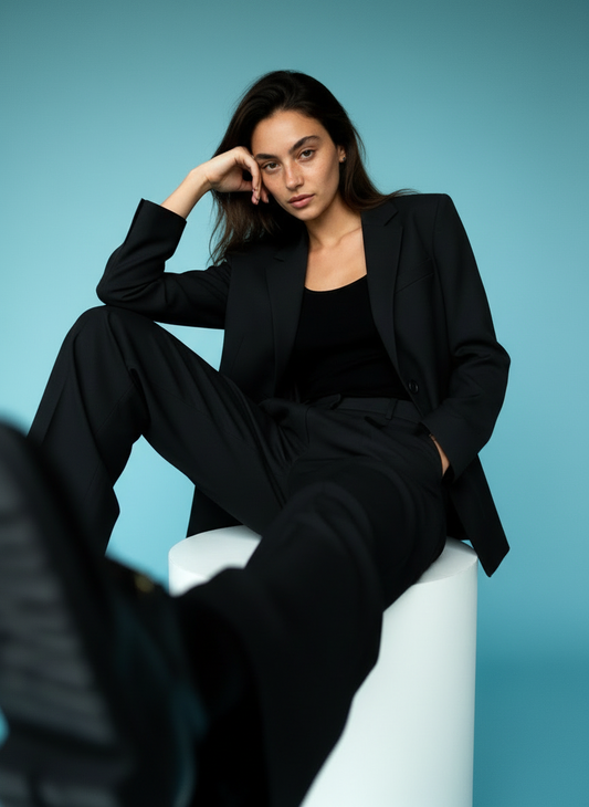 Black Power Suit Set - Tailored Blazer & Wide-Leg Trousers