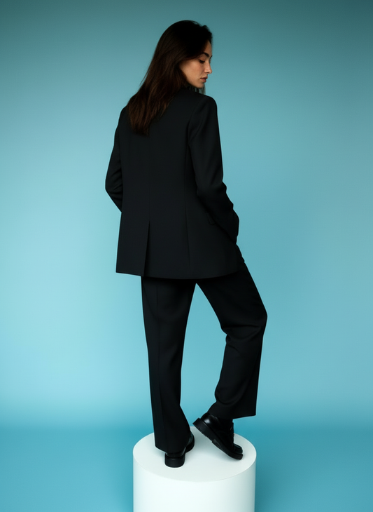 Black Power Suit Set - Tailored Blazer & Wide-Leg Trousers