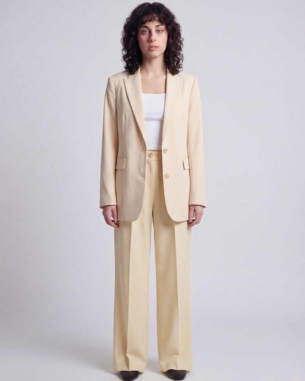 Beige Power Suit Set - Tailored Blazer & Wide-Leg Trousers