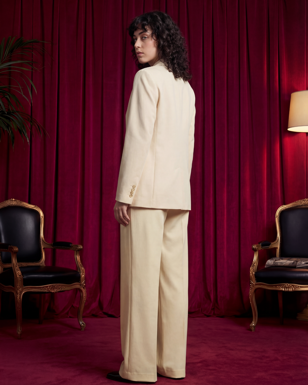 Beige Power Suit Set - Tailored Blazer & Wide-Leg Trousers