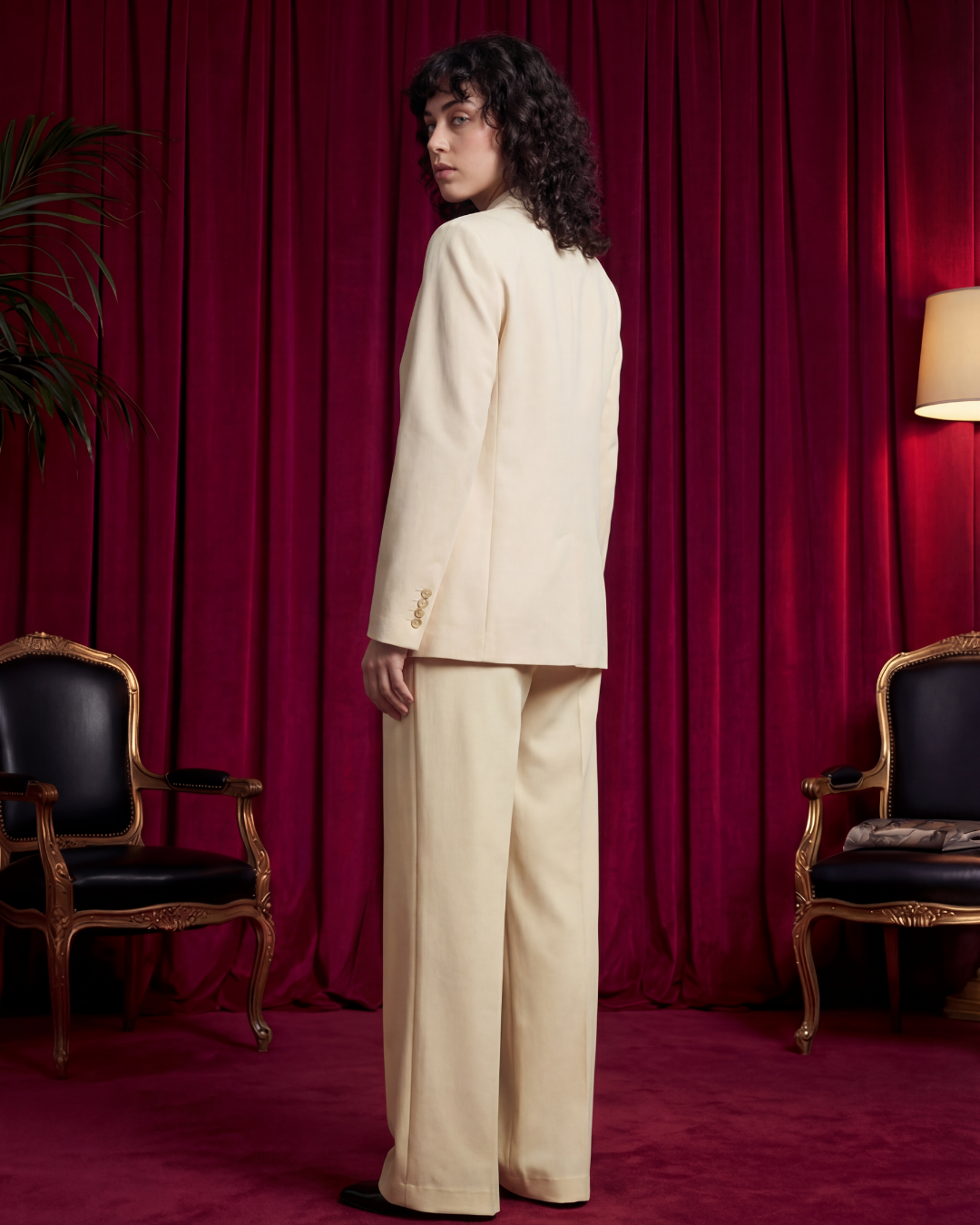 Beige Power Suit Set - Tailored Blazer & Wide-Leg Trousers