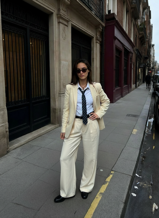 Beige Power Suit Set - Tailored Blazer & Wide-Leg Trousers